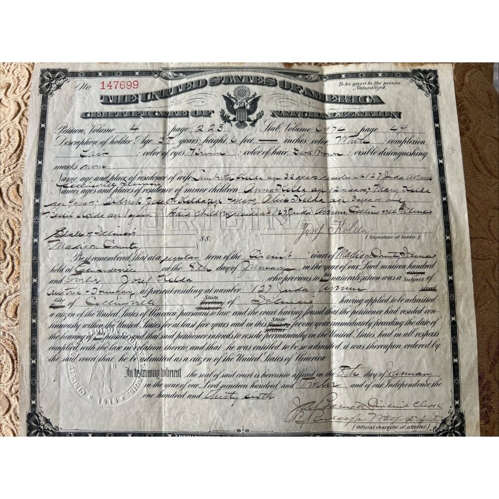 Certificate Of Naturalization USA 1936 USA IL Citizenship, Good Condition